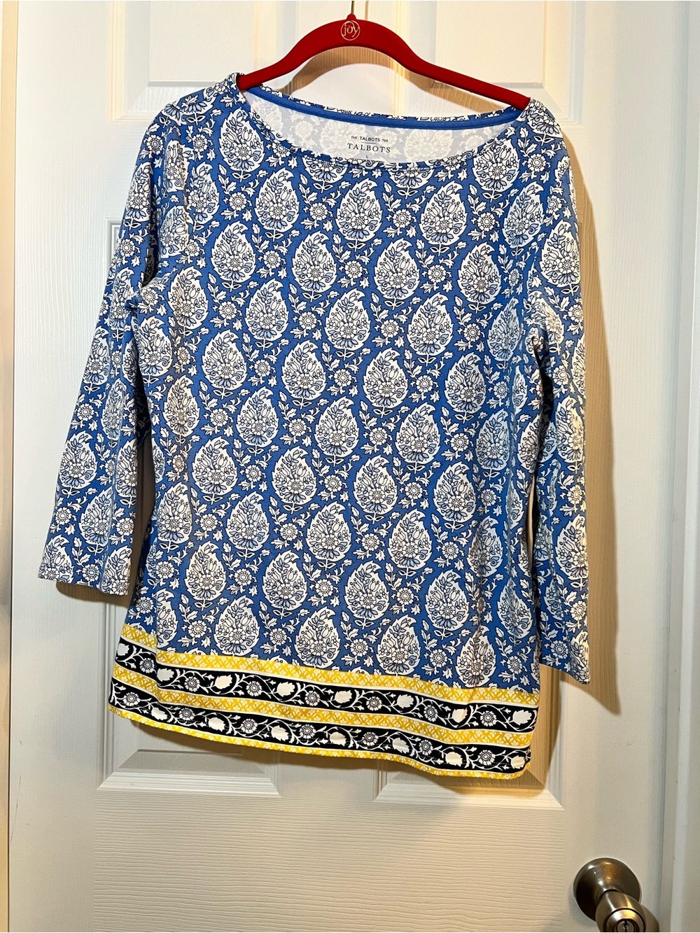 Talbots Blue and White Paisley Long Sleeve Top with Yellow Trim